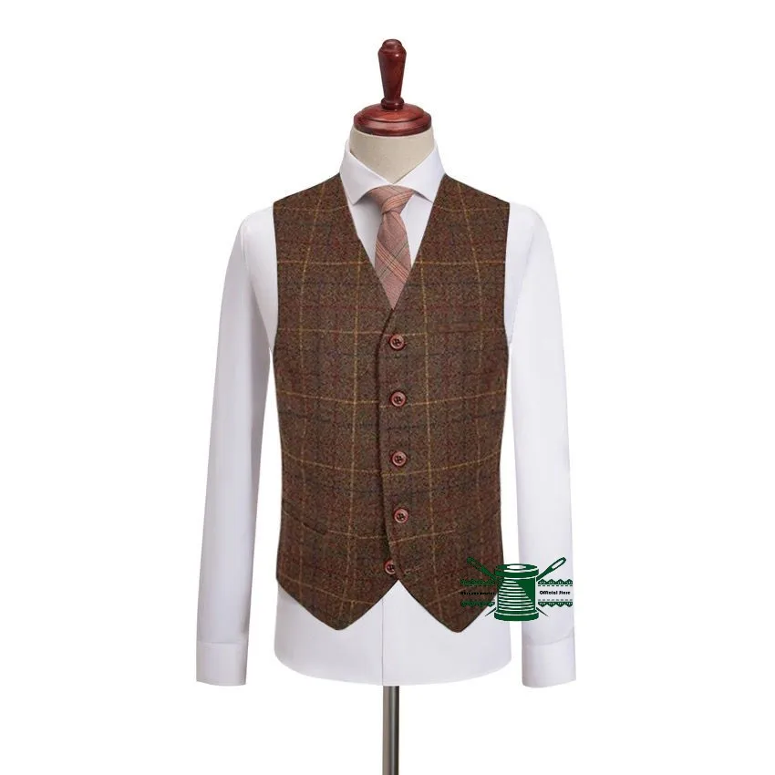 Check Mens Waistcoat Vintage Western Wool Tweed Formal Vests Brown Suits Vest I psc man vest custom made Suits vest