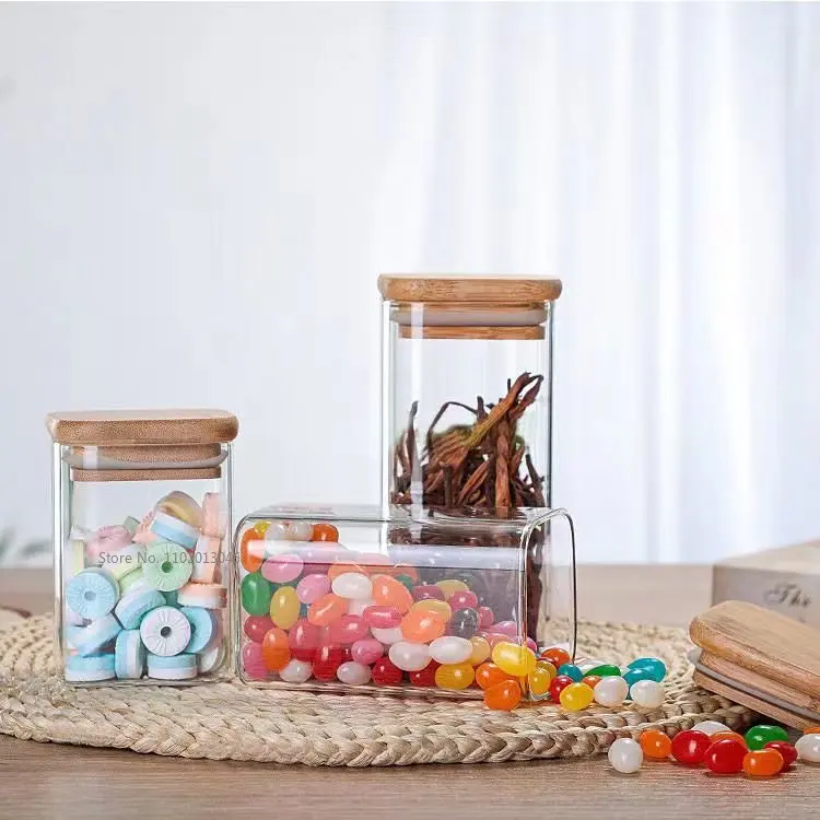 Kitchen Square Mason Jar with bamboo Cover For Spices Glass Container Glass Jars With Lids Jar Kitchen Jars And Lids Wholesale