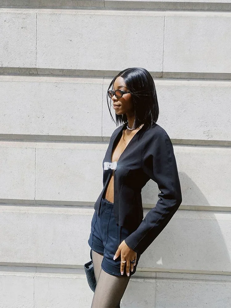 Elegant Women 3d Bow Long Sleeves Coat Mini Skirt Suits Chic V Neck Slim Crop Tops Hip Wrap Skirts Set Sexy Lady Street Outfits