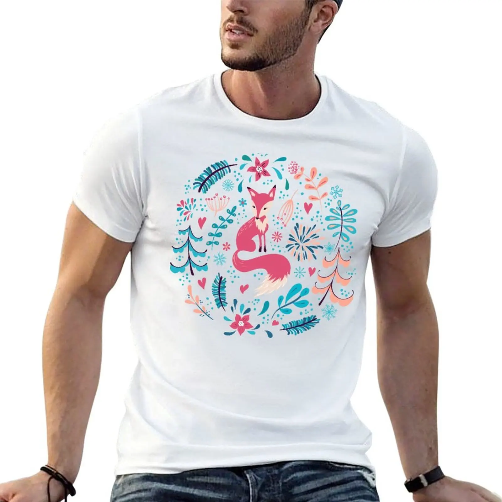 Fox with winter flowers and snowflakes T-Shirt t shirt man luxury t shirt man casual man t shirt cotton high quality T-shirt