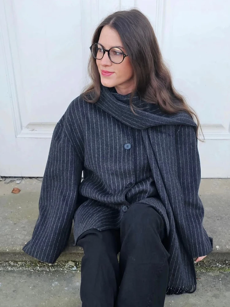 

Oversize Scarf Collar Stripe Woolen Coat Women Chic Single Breasted Full Sleeve Loose Cropped Coats Lady Fall Highstreet Outwear