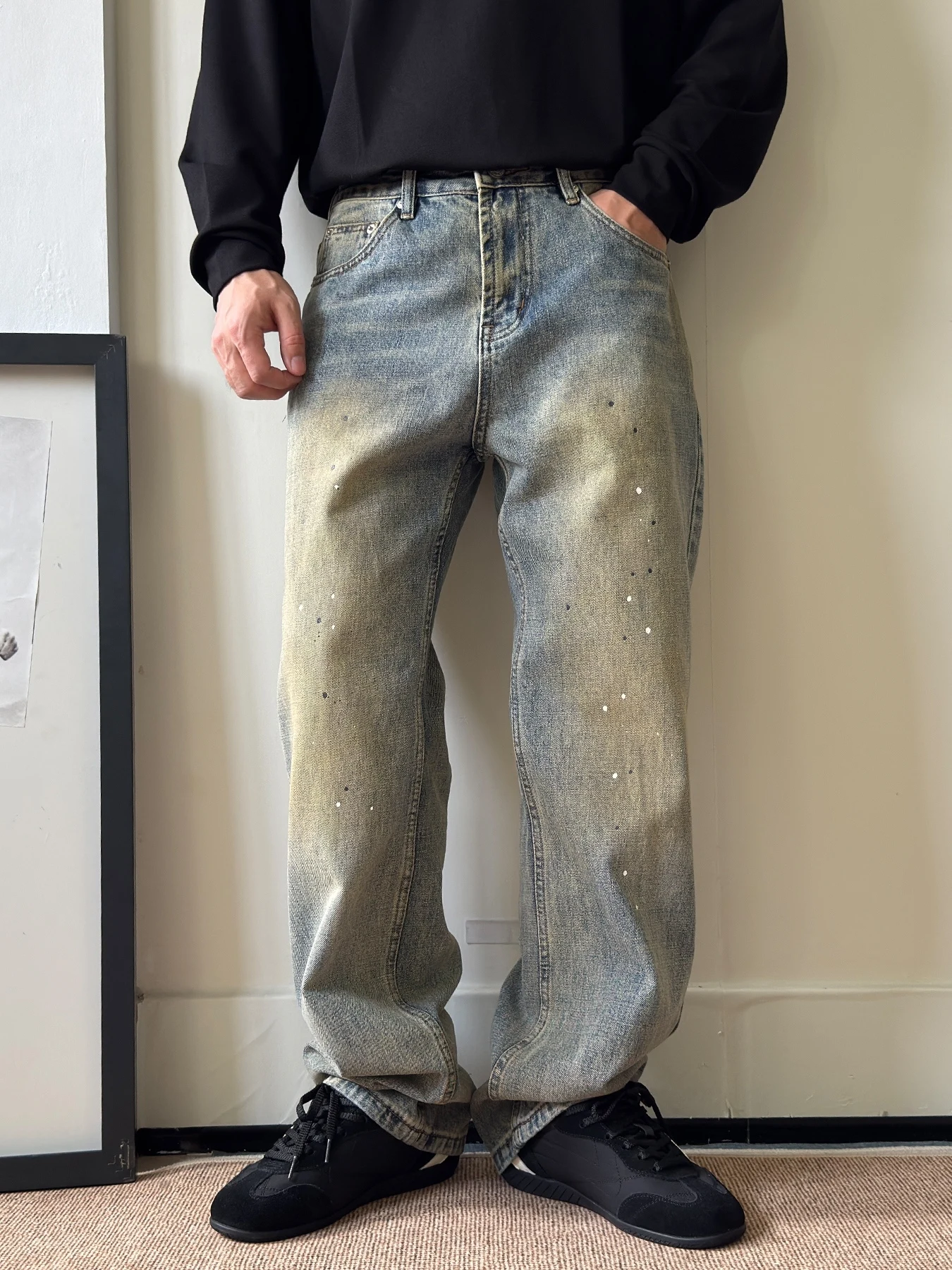 

Retro Washed Splatter Dye Straight Leg Men's Jeans Slim Fit Casual Long Trousers mid Waist Zipper Closure Cotton Blend