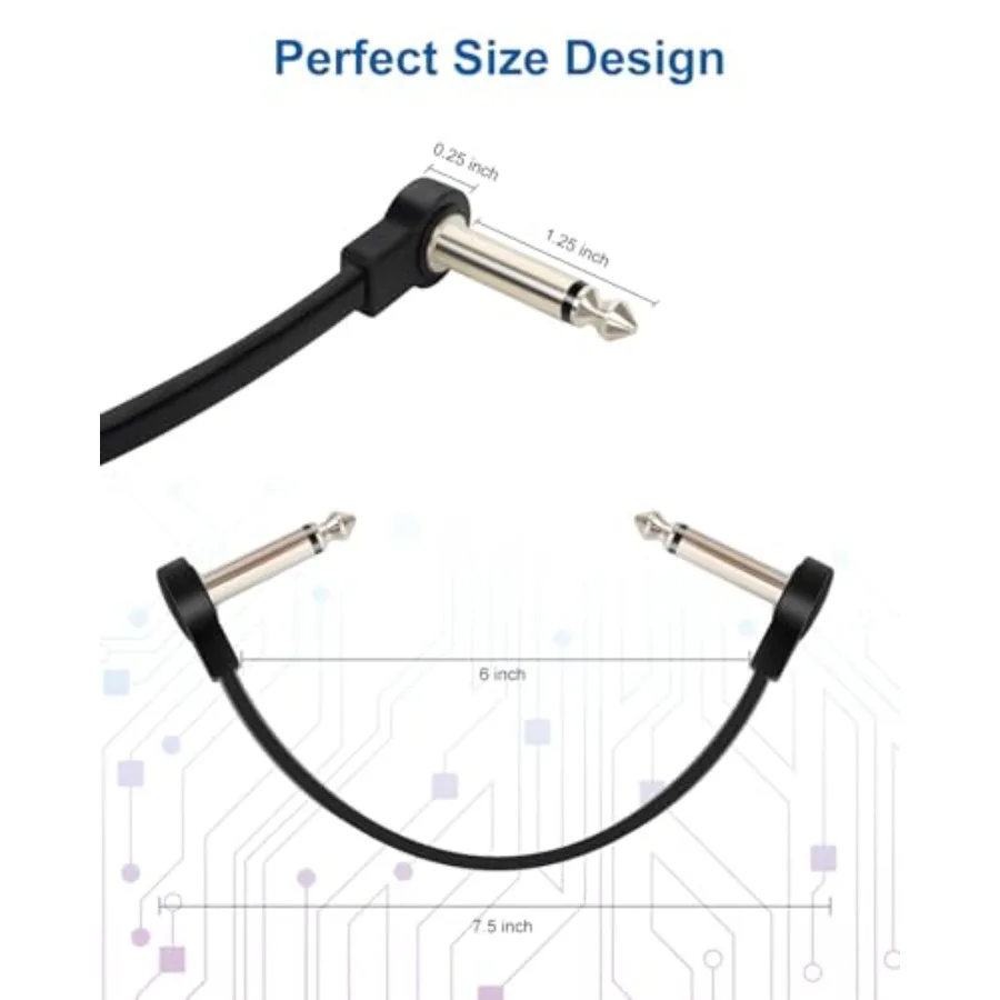 3-Pack Professional Guitar Patch Cables - 6 Inch 1/4 TS Flat Ultra-Thin Effect Guitar Pedal Patch Cables Right-Angle, Black for