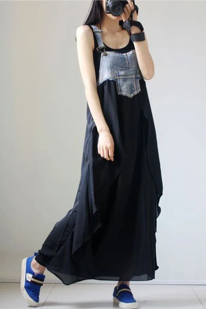 2024 Zomer Nieuwe Elegante Damesjurk Losse Denim Patchwork Chiffon Overalls Sexy Jarreteljurk Spaghettibandjurk Ke903