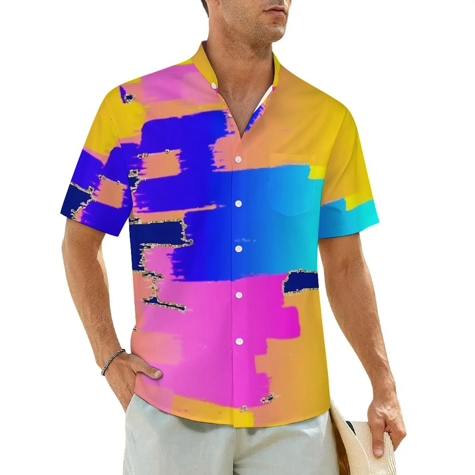 

Vibrant Colorblock Casual Shirt Colorful Print Novelty Summer Shirts Men Short Sleeve Vacation Stylish Graphic Oversized Blouses