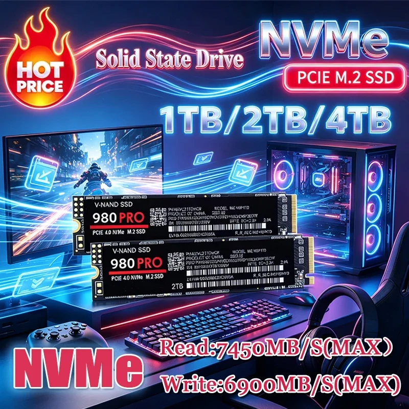 980 Pro M2 2280 NVMe High Speed SSD Hard Disk 1/2/4TB Option, High Read Write Speed Solid State Drive Perfect for PS5 Gaming Mac
