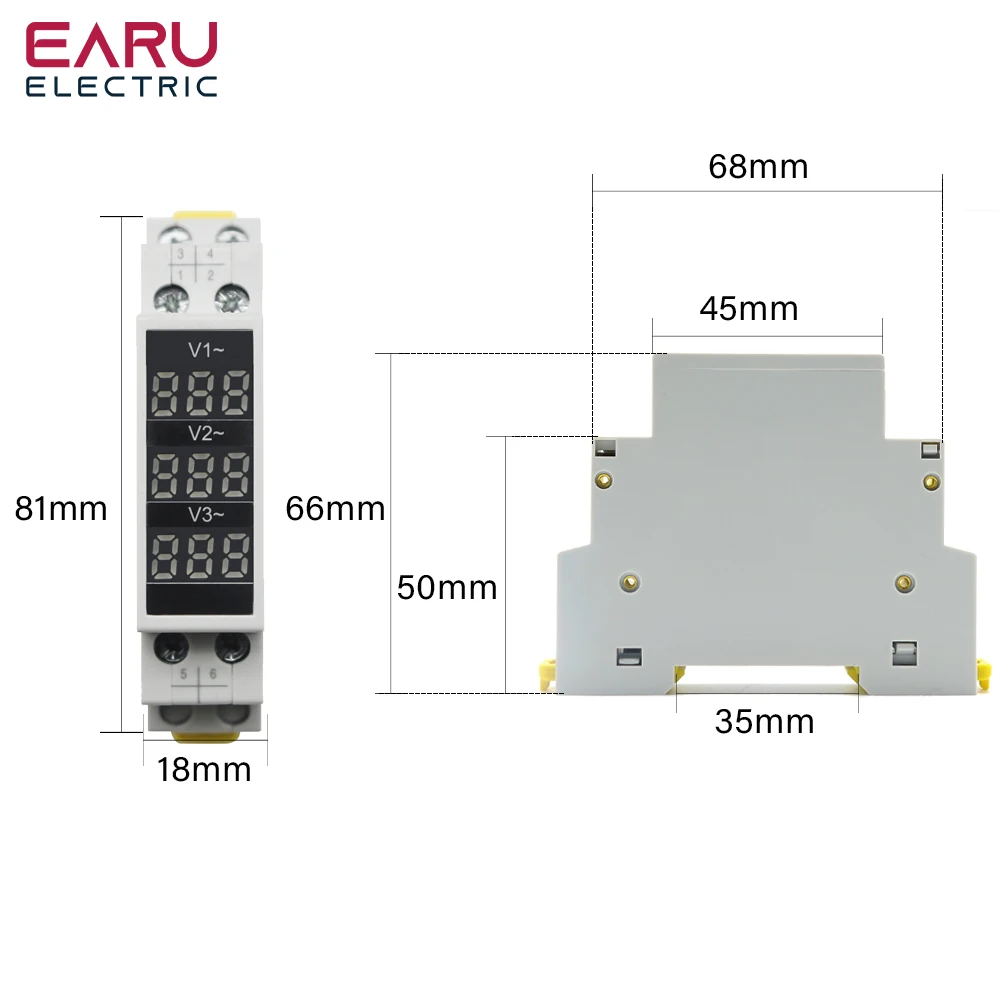 Din Rail 18mm Voltage Meter AC 80-500V 220V 380V Single Three Phase Modular Voltmeter Indicator LED Digital Display Detector