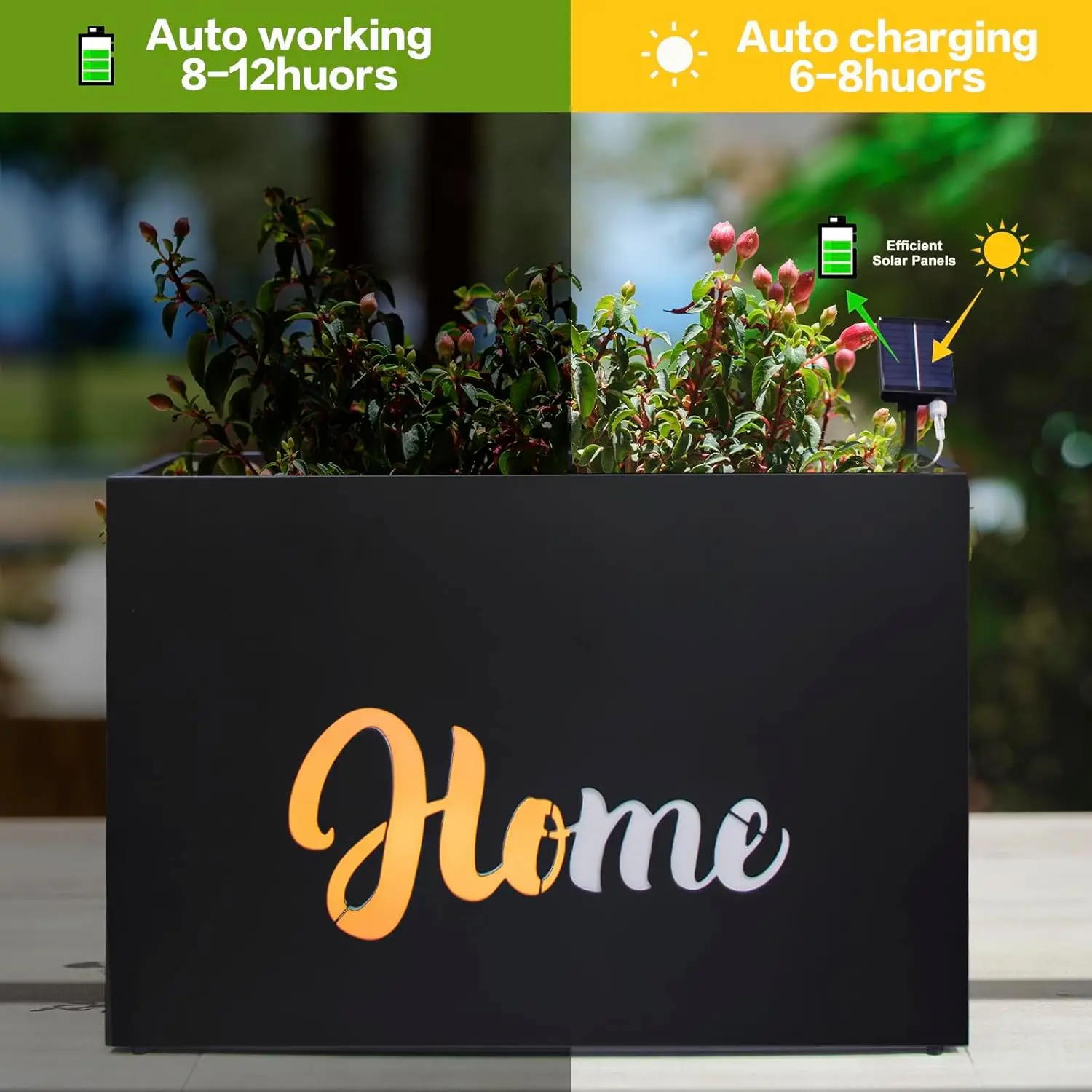 Metal Planter Box Rectangular Block - Galvanized Steel Long Planter Box with Solar Light Outdoor All-Weather Use with Drainage