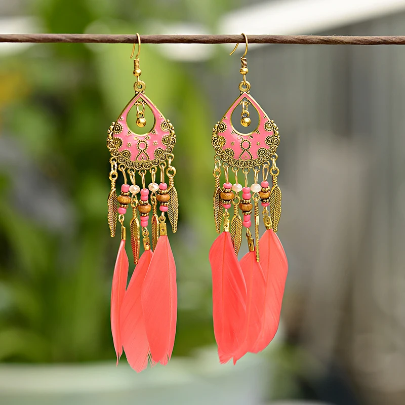 Böhmische lange Feder-Ohrringe für Frauen, klassische ethnische Retro-Temperament-Kette, Blatt-Perlen-Quasten-Ohrringe, Boho-Hochzeitsschmuck – Detail 5
