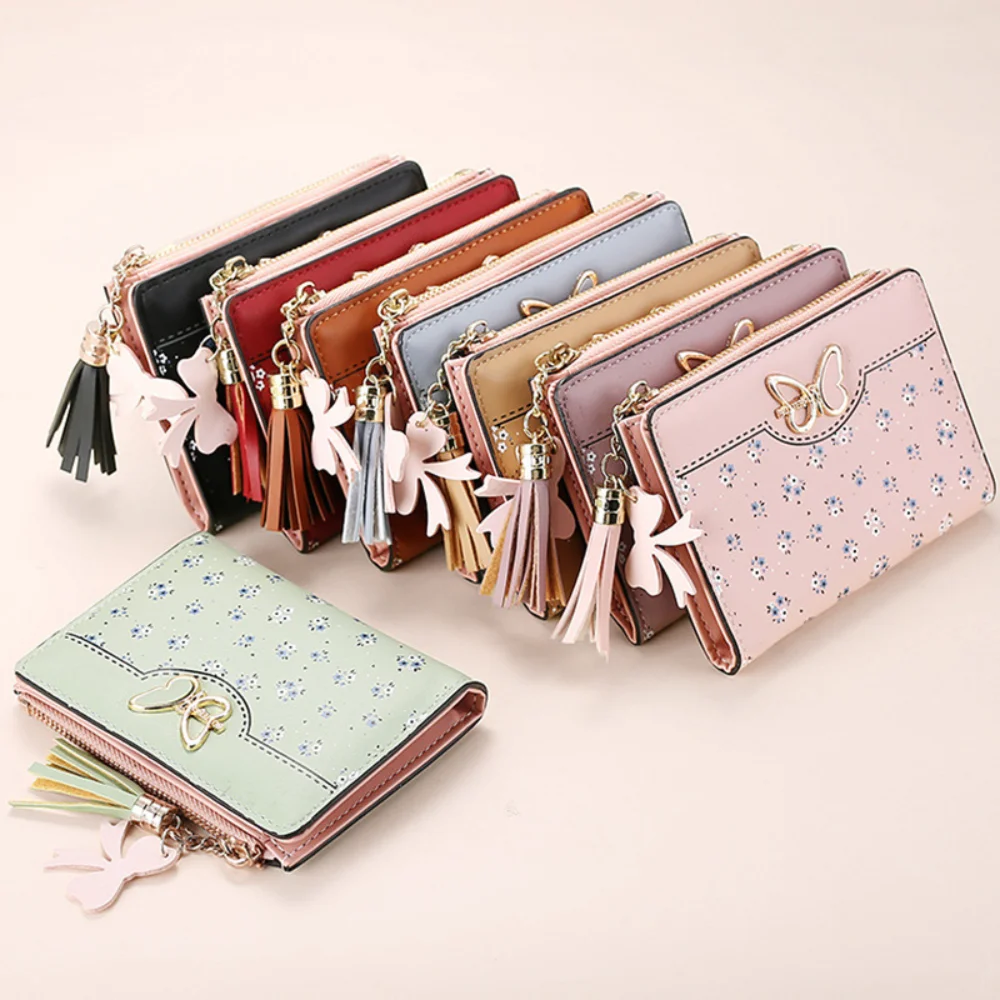 

Fashion Bow Women Wallets PU Leather Multi Card Short Wallet Luxury Mini Coin Purse Zipper Buckle with Tassel 2 Fold Card Holder