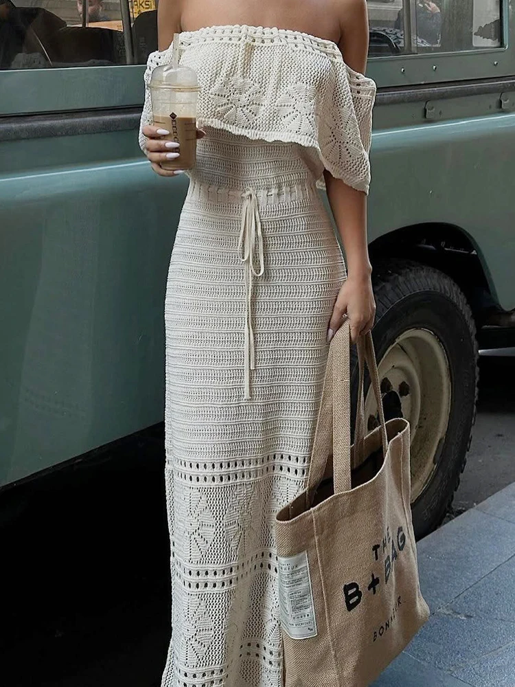 بوهو فستان منسوج مثير بلا أكمام مائل الرقبة فستان طويل المرأة نادي الحفلات عالية الشاطئ ماكسي فساتين امرأة Bodycon فستان كاجوال أنثى