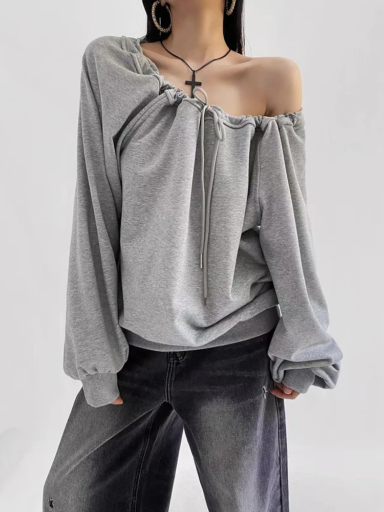 Y2K Slash Neck Drawstring Sweatshirt Women Autumn Loose Streetwear Sexy Off Shoulder Pullover American All Match Baggy Pullover