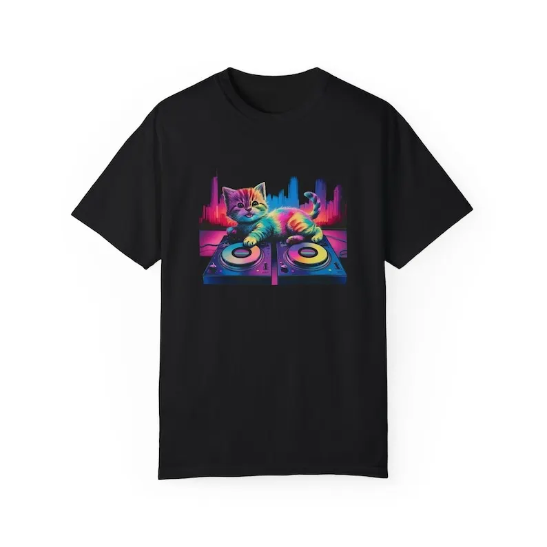 

Cat on DJ Decks, Vibrant Neon Design, Unisex, Artistic Print, Unisex Dyed Shirt, Spring Summer Tee, Gift, Cat, Kitten, EDM, Musi