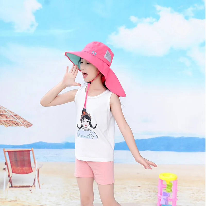 Sun Hat with Neck Flap for Youth Boys and Girls, Beach Caps for Kids, Safari Visor, UPF 50 +, 54-58cm, Summer, 8-15 Years Old