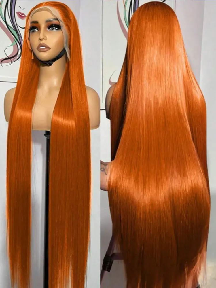 250% Densidade 350 #   Gengibre laranja 13x4 hd frente do laço em linha reta perucas de cabelo humano 200% hd renda transparente pré arrancado com cabelo do bebê