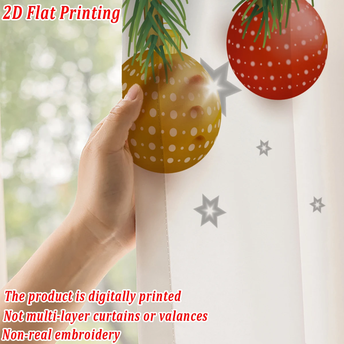 Christmas Flat Printing Sheer Curtain with Christmas Ball Bow Star Pine Branch for Living Room Bedroom Decor Holiday Party