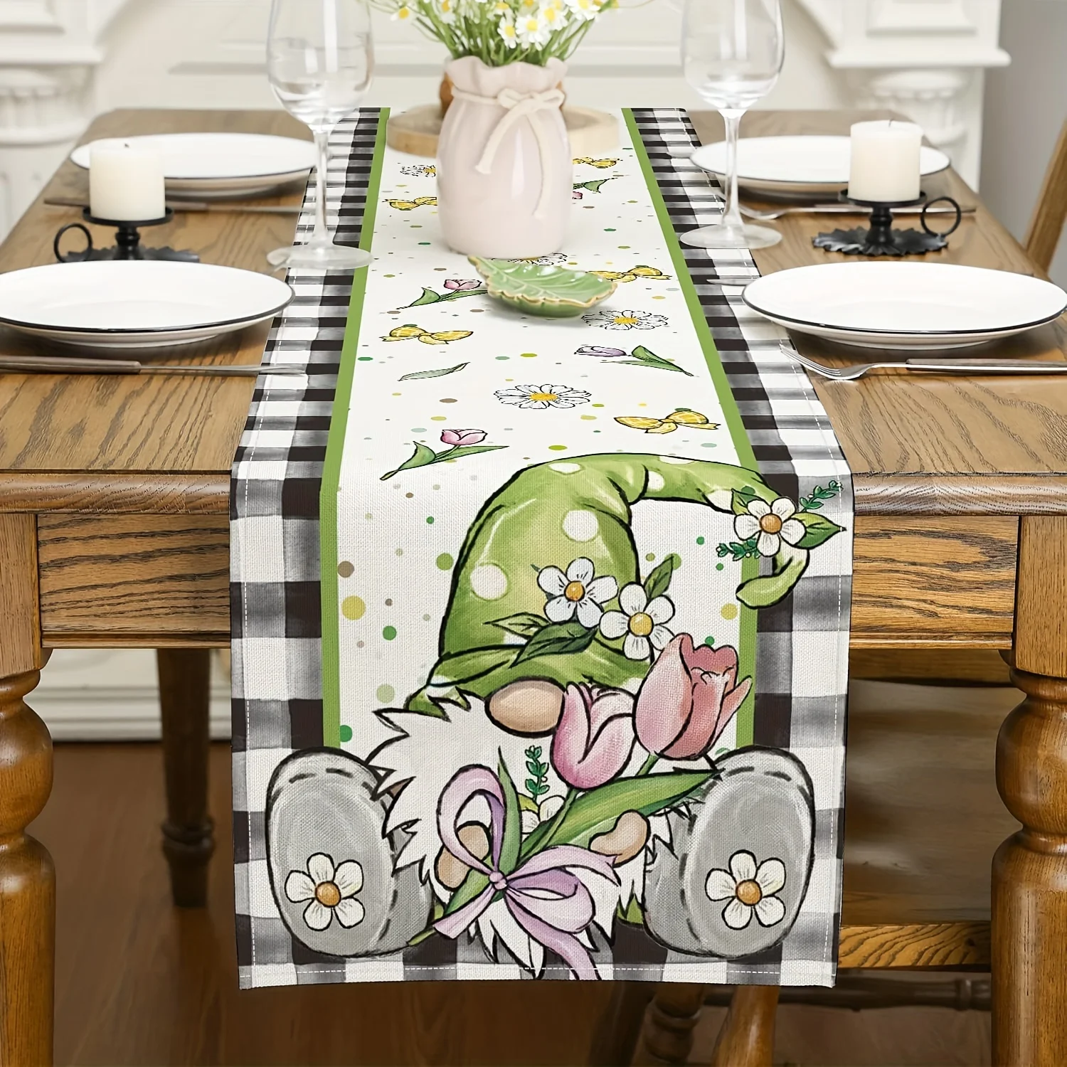 1 Piece of Spring Flower Elf Table Runner, Black and White Checkered Edge Painted with a Dwarf Wearing a Flower and Green Hat, Daisy and Butterfly Pattern, Suitable for Spring Parties, Pastoral B&Bs, Garden Tea Parties, Handicraft Markets, Cafe Decorations, Home Soft Furnishings, Family Activities, and Girlfriends' Parties