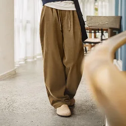 Maden Vintage Corduroy Casual Pants Khaki Straight Elastic Waist Wide-Leg Pants for Women's Autumn Versatile Commute Trousers
