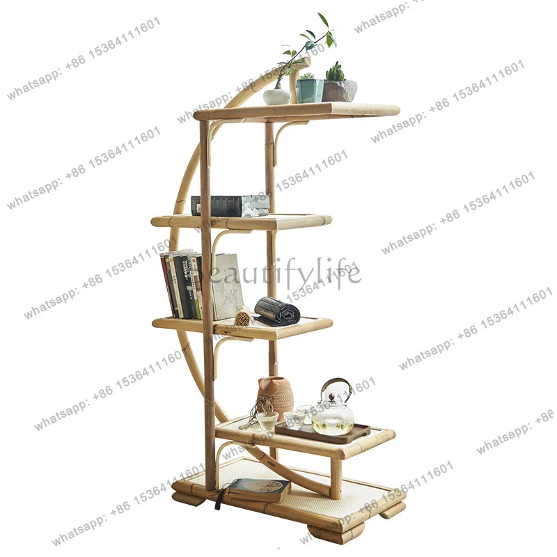 Modern simple multi-layer storage moon shelf small apartment rattan Japanese decorative shelf