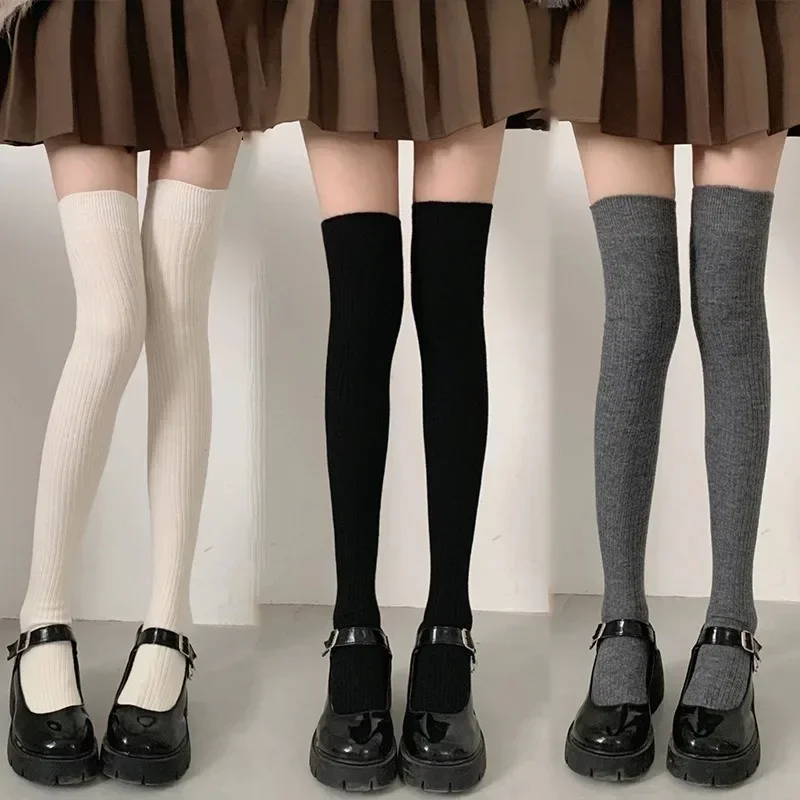 Calcetines de lana para mujer Otoño/Invierno Medias altas hasta el muslo de Color sólido Medias gruesas y cálidas de Lolita Calcetines de pierna