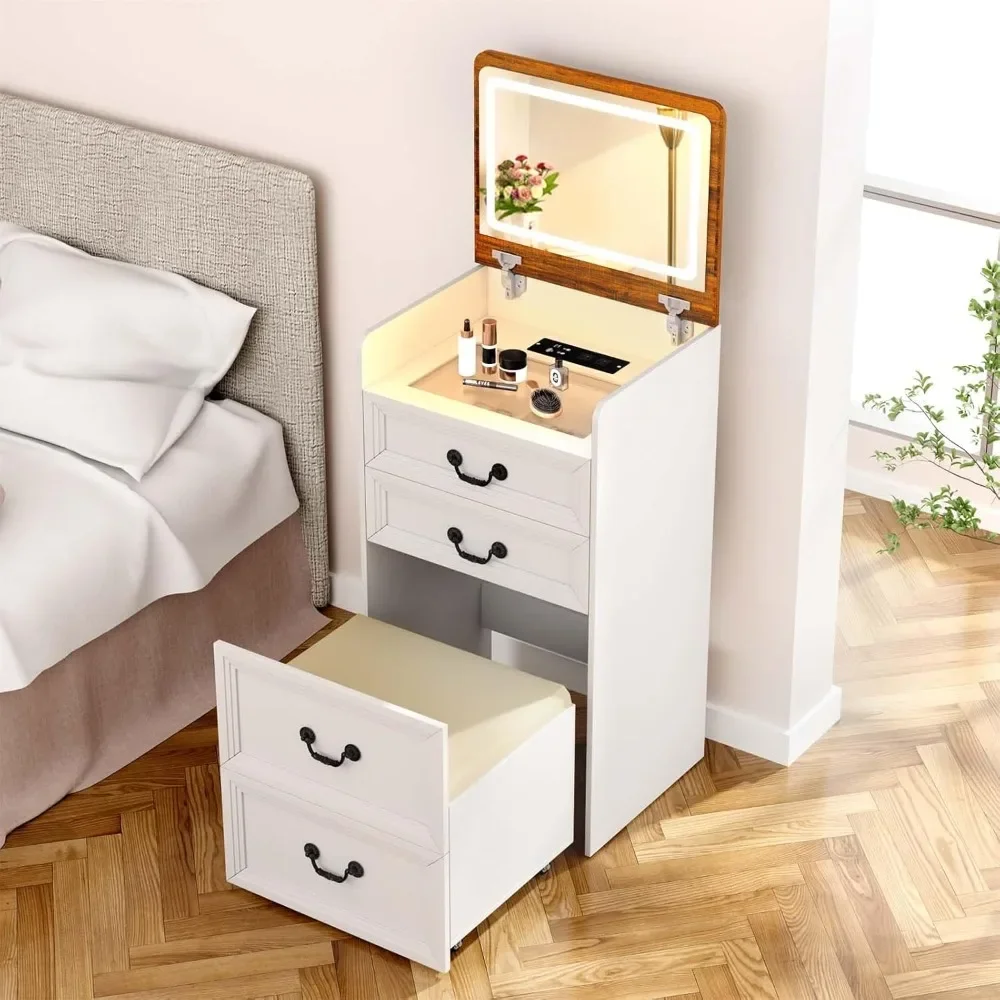 

End Table, Small Dress Desk W/Flip-Top Mirror, Farmhouse Vanity Desk W/USB Charging Statio, 3-Color Lighting Nightstand Desktop