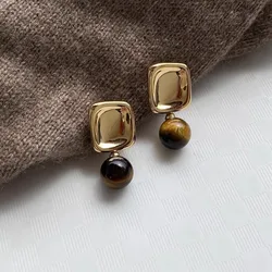 2024 New Product Retro Autumn/Winter Maillard Square Caramel Geometric Tiger Eye Stone Drop Earrings