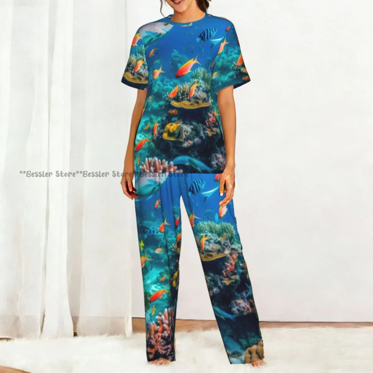 Women's Pajamas Set Colorful Fish And Sea Animals Short Sleeve Sleepwear 2 Piece Homewear Loungewear view 5