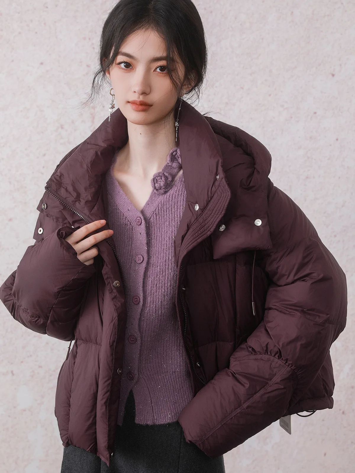 

INGKO round Hooded down Jaet Red Commuter Sle Thiened White Du down ort Sve Zipper Closure Winter Coat