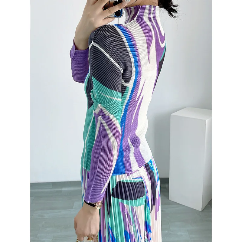 Spring 2024 New Miyake Women\'s Fashion Print Top Stand Collar Slim Long Sleeve T-shirt Undercoat+Pleated Half Skirt