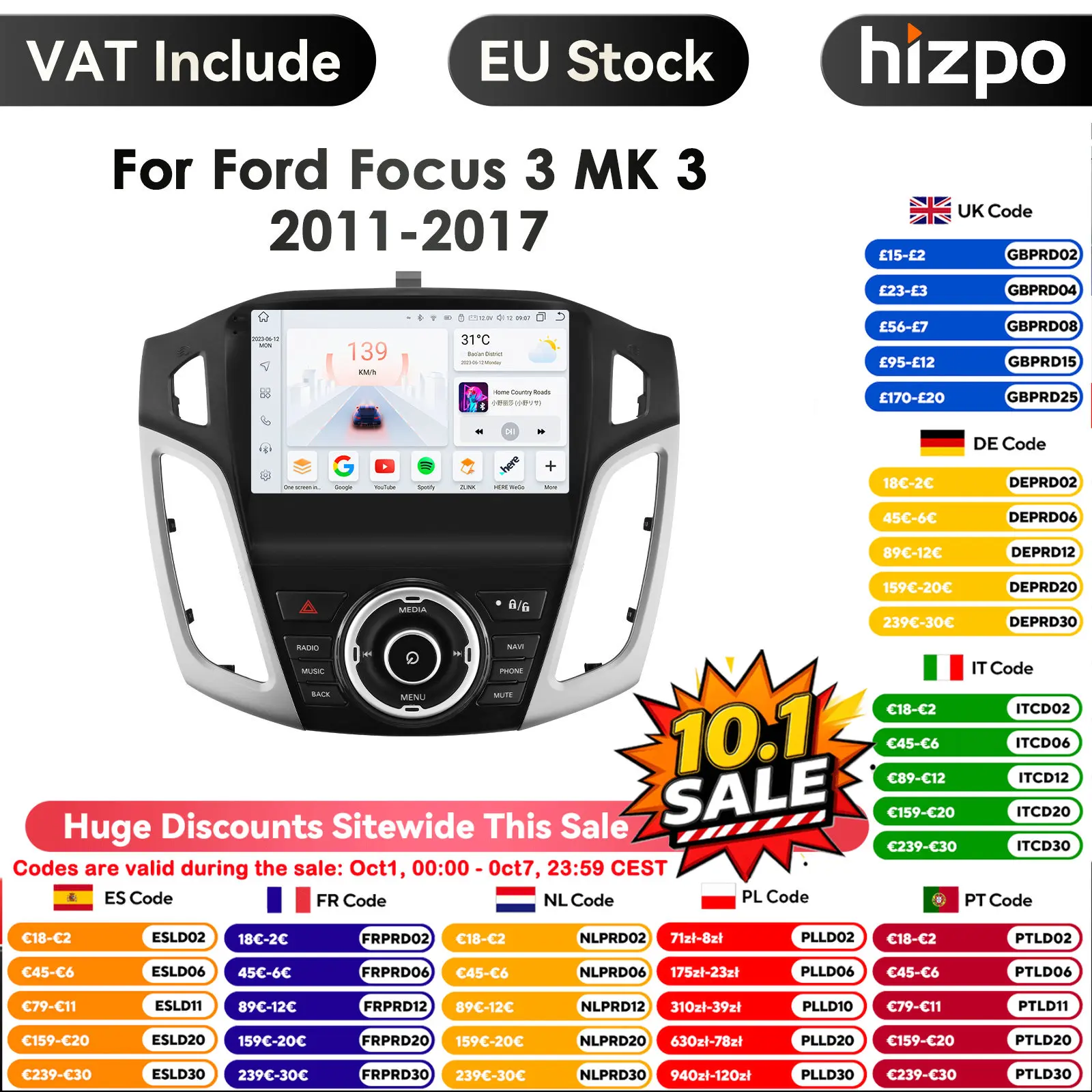Lettore di navigazione GPS per auto Android 14 da 9 pollici per Ford Focus 3 Mk 3 2011 2012 2013-2015 Auto Multimedia Radio Video 2Din Unità principale