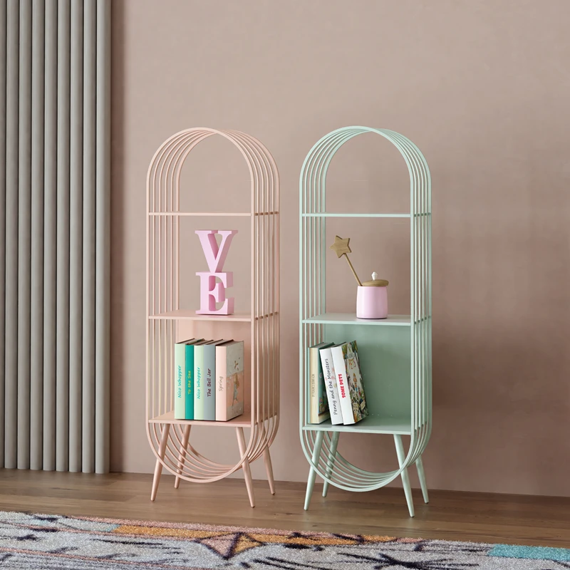 Creative wrought iron shelf vertical curved bookshelf floor children's room narrow slot multi-layer small storage cabinet