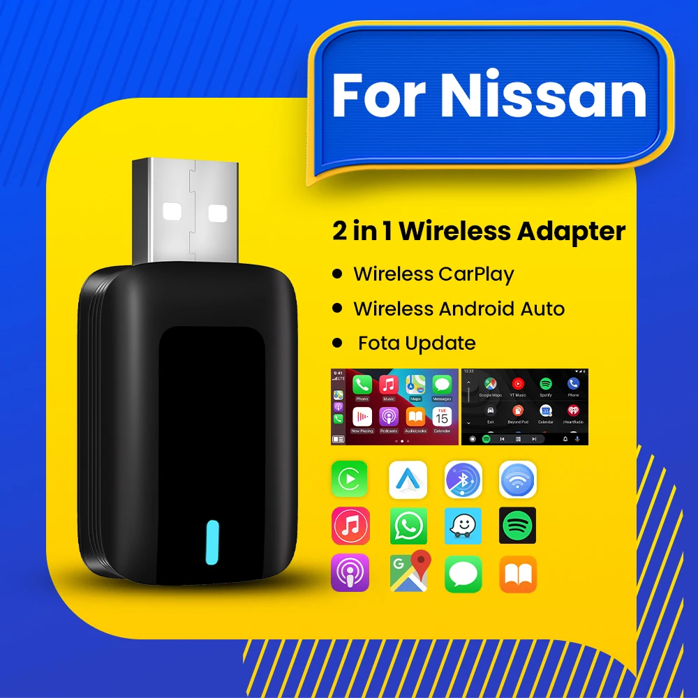 NEW 2in1 Wireless CarPlay Android Auto Adapter Smart Dongle Plug And Play For Nissan Maxima Micra Murano GT‑R Kicks Leaf Altima