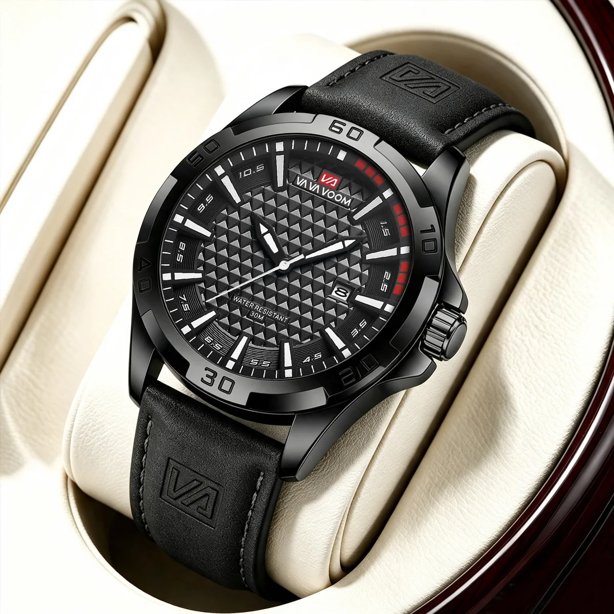 Sports Men Wristwatch Black Leather 45mm Case Quartz Movement Fashion Clock 3Bar Casual Matching Waterproof Military Watches Men