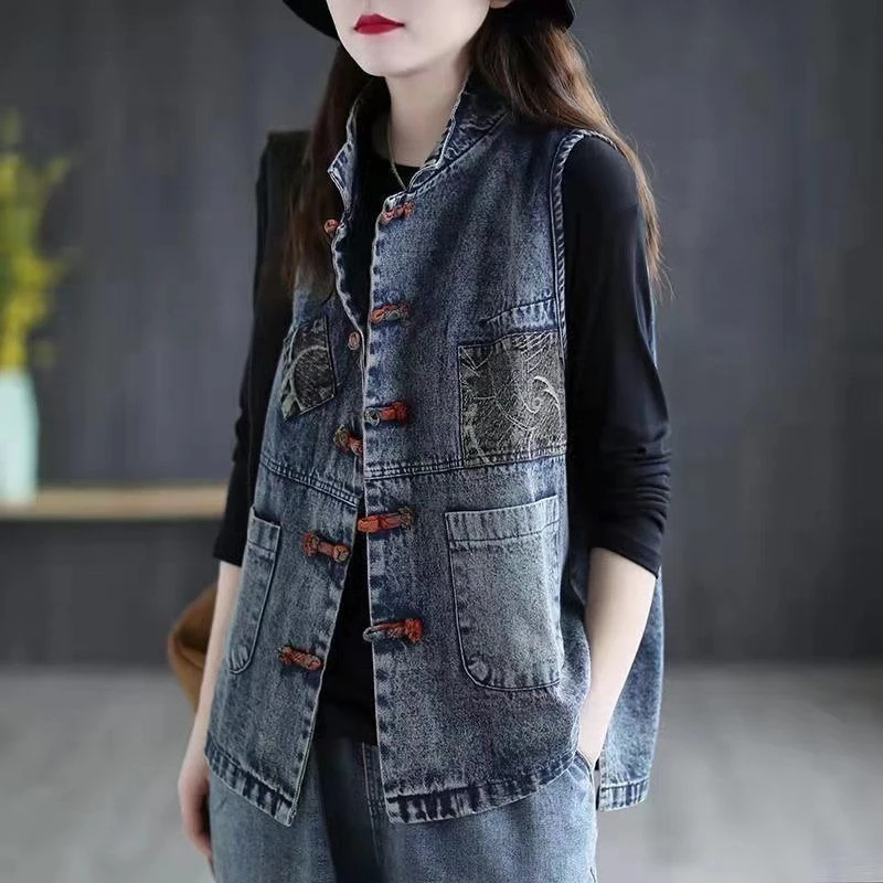 

Women's Denim Vest 2026 Spring Summer Boho Vintage Ethnic Style Button Up Waistcoat Casual Outerwear Layering Piece