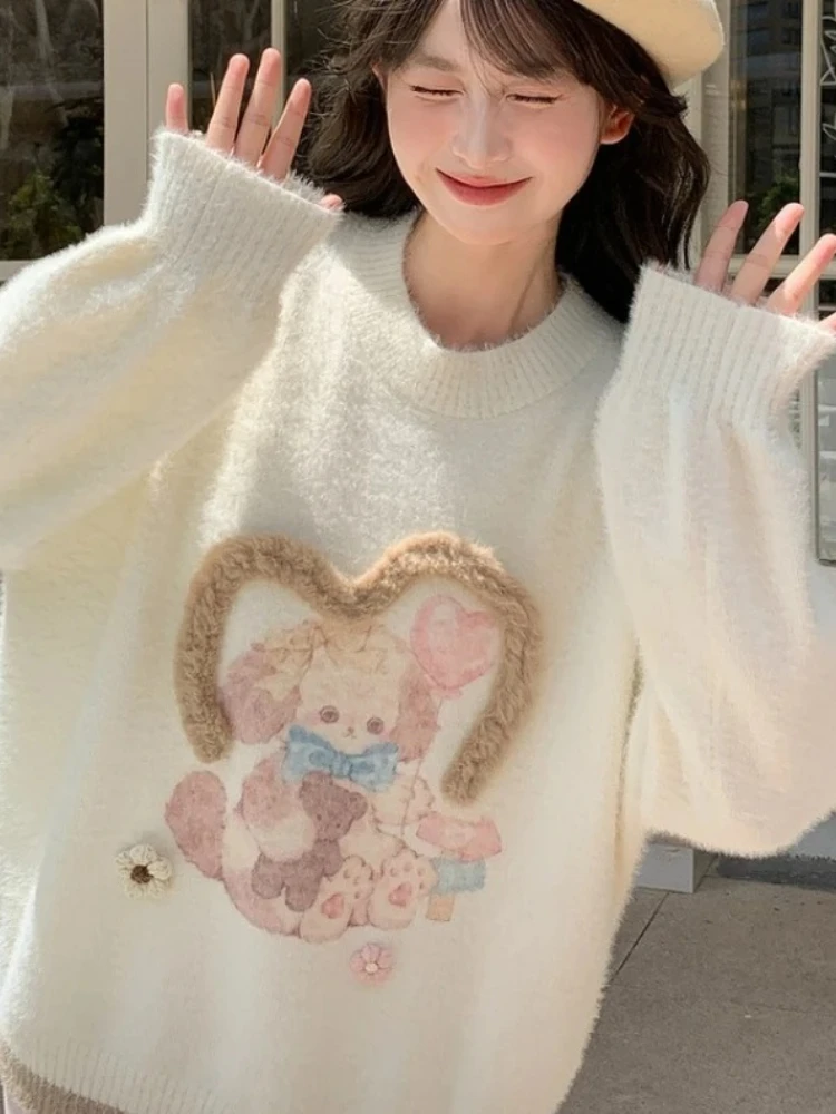 Kawaii لوليتا نمط محبوك البلوفرات النساء Harajuku الكرتون الأرنب سترة الخريف الشتاء اليابانية لطيف فضفاض تريكو معطف