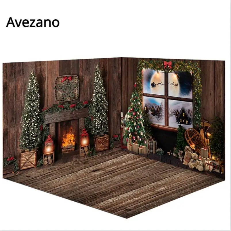 Avezano Christmas Backdrop Funny Tree Winter Window Wood Wall Fireplace Snow Moon Gift Festival Decor Background Photo Studio