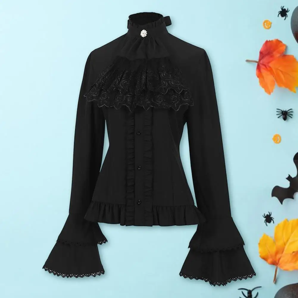 Victorian Women\'s Ruched Lace Shirts And Blouses Gothic Lolita Vintage Long Sleeve Lotus Ruffle Solid Black White Tops Shirt