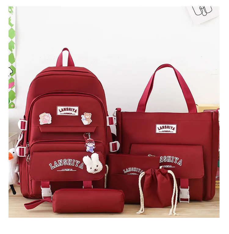 5-teiliges Set mit kostenlosen Anhängern im Waldstil, koreanische Version, lässiger Harajuku-Studentenrucksack für Mädchen mit großer Kapazität – Detail 20