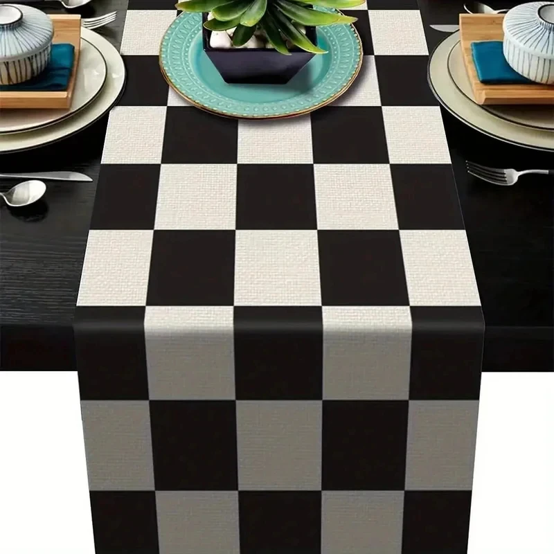 VIKAMA Beige Black Vertical Stripe Table Runner, Linen Texture Washable Table Scarf Minimalist Modern Dining Table Decor