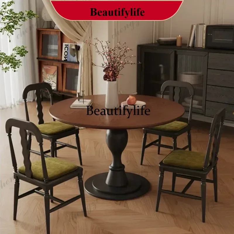 Modern simple solid wood black round dining table small apartment light French retro household round table p182