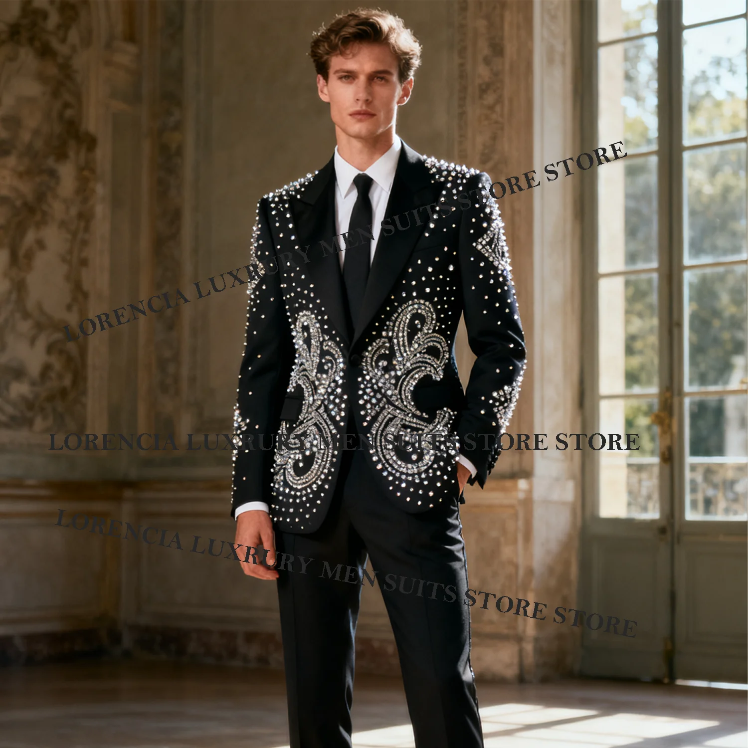 

Customized Luxury Gem Diamond Men Suit Wedding Tuxedos 2 Pieces Sets Single Breasted Groom Male Blazers Slim Fit Ropa hombre