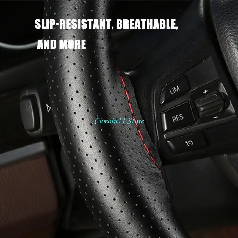 Y1UB Additional Cattlehide Leather Steering Cover Hand Sewn Not Slip Face Global Car Model Fit
