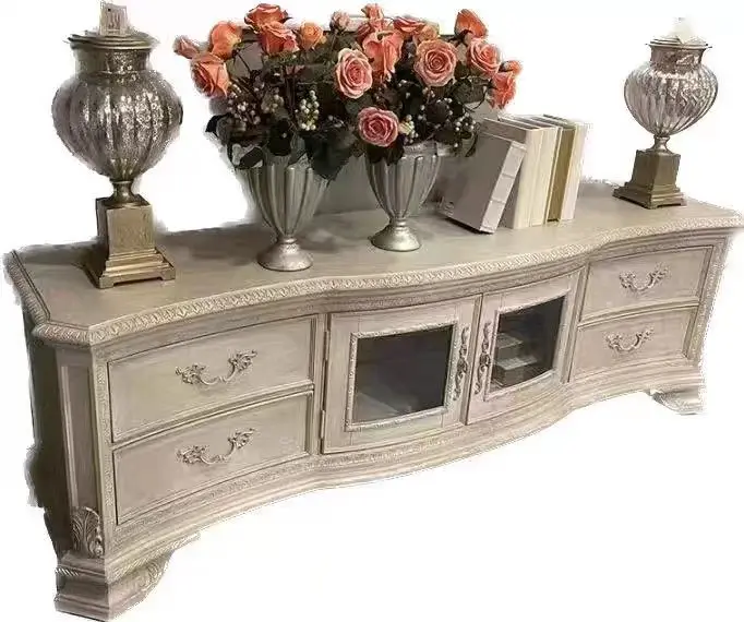 

American light luxury TV cabinet coffee table combination retro solid wood carving high-end villa modern