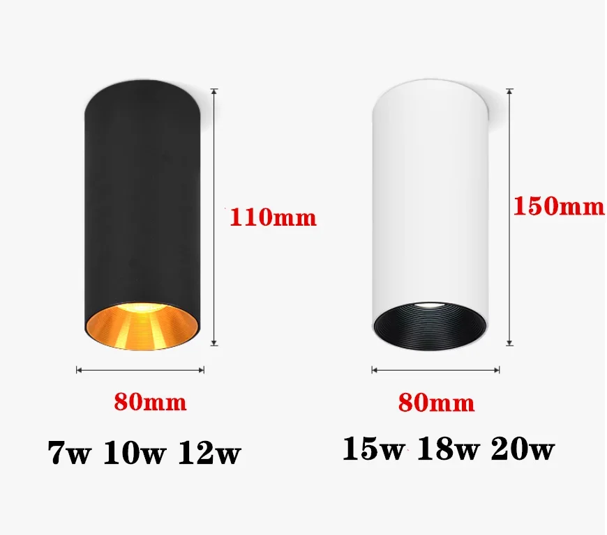 표면 장착 원통형 LED COB 다운라이트 골드 반사판, 천장 전구, 스포트라이트 램프, 7W, 10W, 12W, 15W, 20W