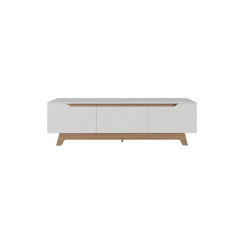 Modern TV Stand, 2-Door Entertainment Center, Open Shelves, Cable Management, White and Natural Oak Finish, Stylish Design for