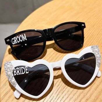 1pcs Groom Bride Letters Pearl Heart glasses for Bride To Be Hen Bachelorette Party Honeymoon Wedding Decoration Supplies Gift