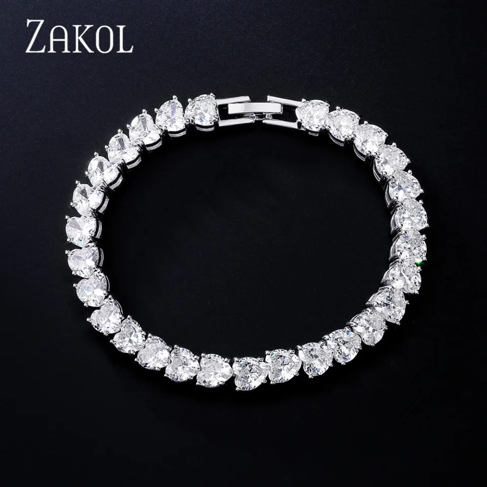 ZAKOL Fashion Geometry Cubic Zirconia Heart Chain Bracelets for Women Luxury Silver Color Bridal Wedding Dress Jewelry