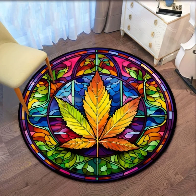 Colorful stained glass leaf round rug crystal velvet floor mat living room decor bohemian style art carpet home decoration