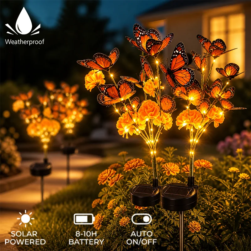 Solar Marigold Butterfly Lawn Lamp Mexican Day of The Dead Marigold Butterfly Courtyard Garden Decoration Atmosphere Lamp
