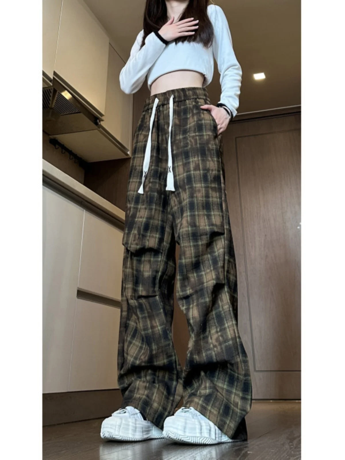 

Men's Plaid Wide Leg Pants Autumn Winter Casual Trousers Cropped Slimming Heightening Drapey Woolen Straight Leg Pants